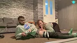 teen girlfriend sucks cock while gaming, natural tits and shaved pussy in action