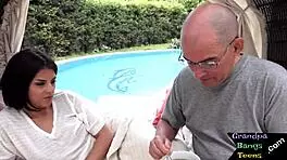 Amateur teen interacts with older European man in casual setting