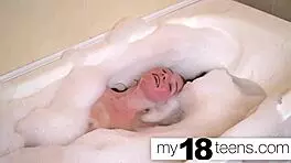My18teen babe masturbates in bath, getting close-up orgasm on sexy tits