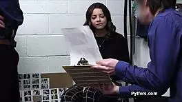 Lucky Guards Enjoy Blowjobs from Big Tit Suspect in Office Group Fun