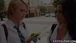 Little teen in uniform takes big cocks in threesome. Facial ends the hardcore session