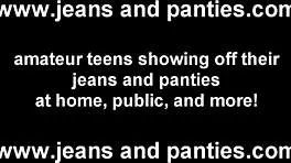 A Skinny Brunette Teen Shows Her Panties Peeking Out of Tight Jeans