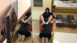 Cam caught university friends boy eating hot brunette's shaved pussy in public.