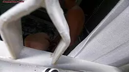 Boldly watching stepbrother intensely fuck curvy wife through window, cum on ass.