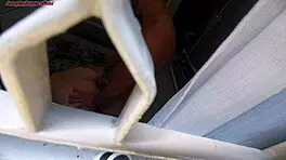Boldly watching stepbrother intensely fuck curvy wife through window, cum on ass.