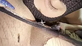Close cunnilingus in torn pantyhose with wet pussy and nipple licks leading to orgasm 😍