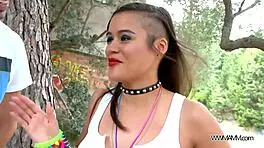 Why does this chubby nympho ride big cock outdoor? Deepthroating to orgasm!