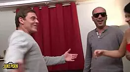 group activity with young brunette in a threesome setting