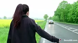 young hitchhiker thanks him with bareback fuck