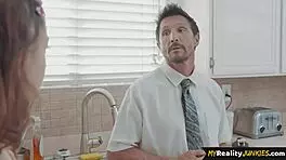 Busty stepteen 18+ sixtynines and rides stepdad dick in duo.