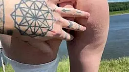 Young Amateur Couple Fucks Hard Outdoors on River Bank, Cum on Tits