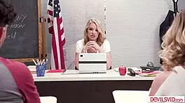 big tits milf teacher licks and fucks teen students in threesome.