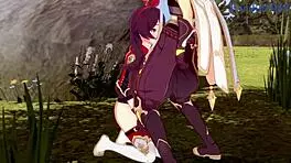 Amber and Fischl Fuck Aether in Genshin Hentai