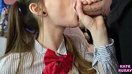 Girl sucks cock closeup in homemade teen costume session
