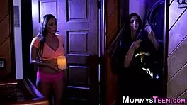 Busty lesbian stepmom grinds hard with teen in forbidden play at home