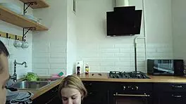 Blonde performs oral before preparing lunch