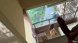 Conversational Horny neighbor caught masturbating while pervert peeps for anal
