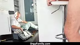 Cutie sneaks a fuck with her step-bro while he's busy at work.