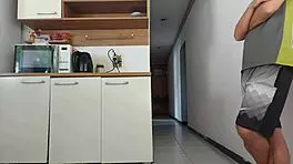 risky fuck with husband's friend while he showers, almost caught