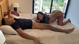 Busty latina in lingerie spreading legs for huge jizz load on face