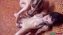 Two teens share huge dildo in shower