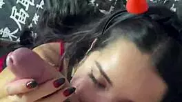 i love my submissive brunette stroking my big cock before sucking.