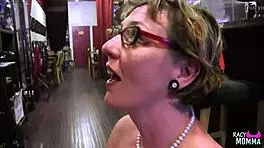 stockinged busty cougar fingering before toy