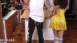 Maid cant resist masturbation while dominant man fucks her in the kitchen