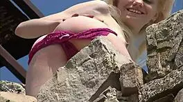 Coed Ana Fey rubs her pussy over the panties where anyone can watch 😏