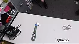 Handcuffed brunette looks forward to dicking