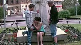 cute teen girl fucked by two guys in public city center