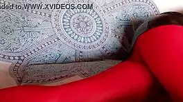 The milf with beautiful legs red pantyhose and black heels