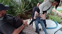 shy babe got her virginity broken by guy while his friend masturbates outside in the garden