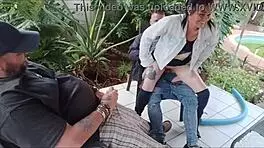 shy babe got her virginity broken by guy while his friend masturbates outside in the garden