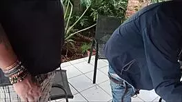 shy babe got her virginity broken by guy while his friend masturbates outside in the garden