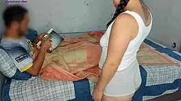 Young Latina cleans room while stepfather works outside