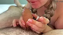 tiny creamy cock cums deep in blonde throat during blowjob