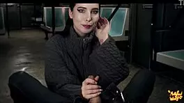 Beautiful stranger gives sloppy train blowjob