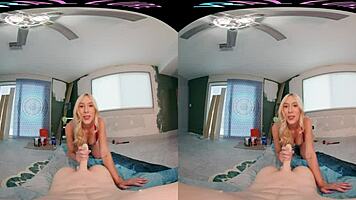 vrallure babe getting handsy with petite blonde in pov masturbation session. shaved pussy and big tits on display.