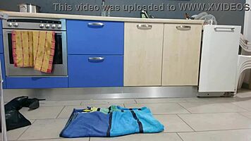 spreading cream on shaved ass and legs