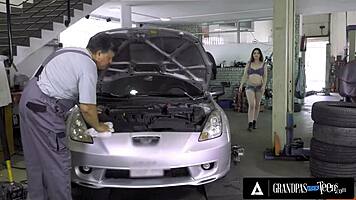 Cute Teen Mia Evans Gets Wet Pussy Fucked by Old Mechanic in Cowgirl