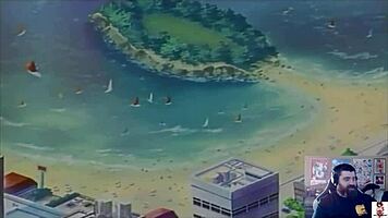 Adult commentary unfolds with a socially awkward hentai virgin in an outdoor scene.