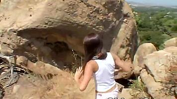 Lesbian teen Chloe 18 masturbates with buddy in outdoor striptease