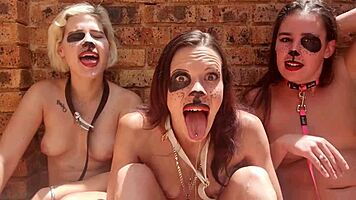 Hey, these three drooling topless sluts are sitting outside, sticking tongues out with heavy makeup for spit fetish.