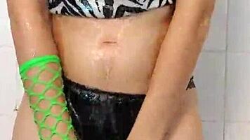 in the steamy shower, a petite latina teen cums through her soaked panties, her small tits and nipples exposed