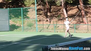 Amateur teen 18+ lesbians in threesome party with oral and masturbation