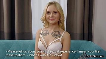 tempting cute virgin girl teases her pink snatch to orgasm