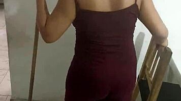 Colombian girlfriend laughs while giving blowjob during house cleaning