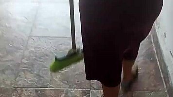 Colombian girlfriend laughs while giving blowjob during house cleaning