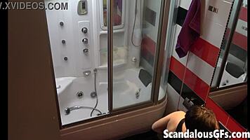 tattooed brunette ex-girlfriend showering nude with shaved pussy and petite ass for masturbation